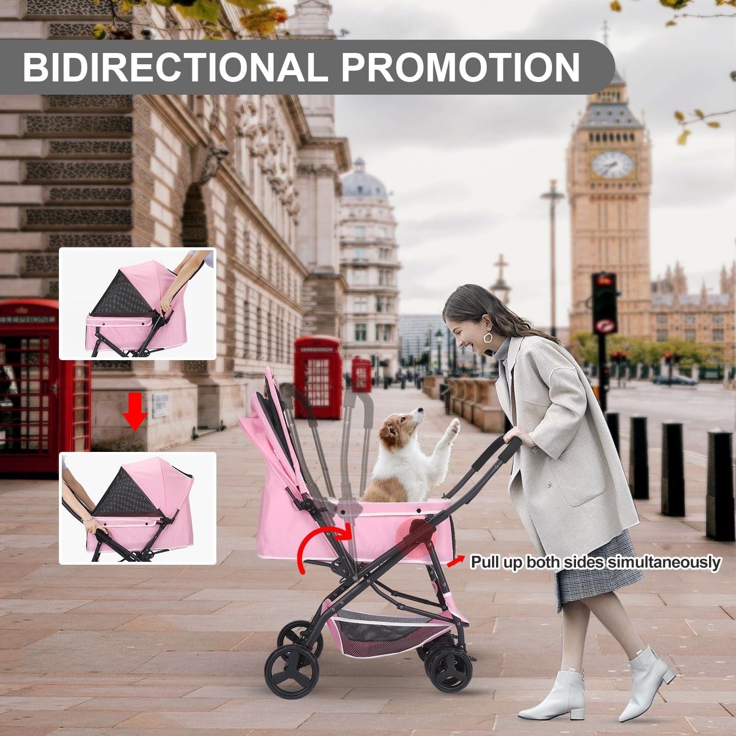 Pet Stroller Foldable Dog Cat Pushchair 360 Wheels Brake Storage Travel Pink