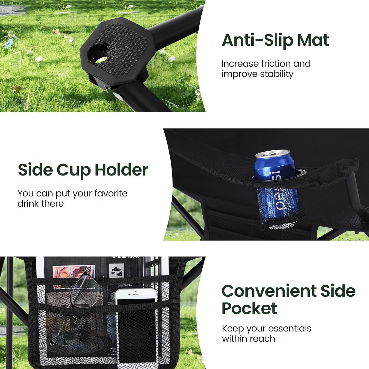 Folding Camping Chairs Pair Black Cooler Bag Cup Holder Side Pocket Carry Bags