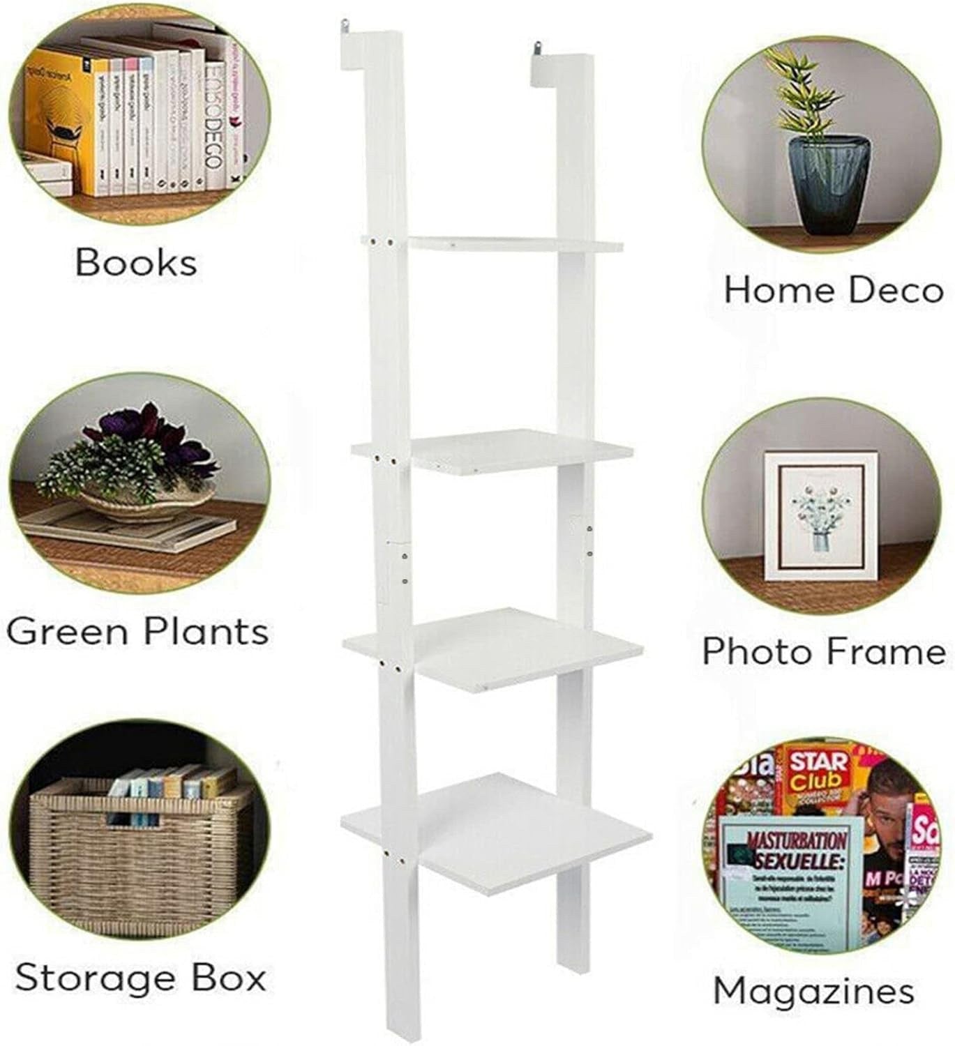 Ladder Shelf Bookcase Rack 4 Tier Tall Leaning Open Storage Black 160cm