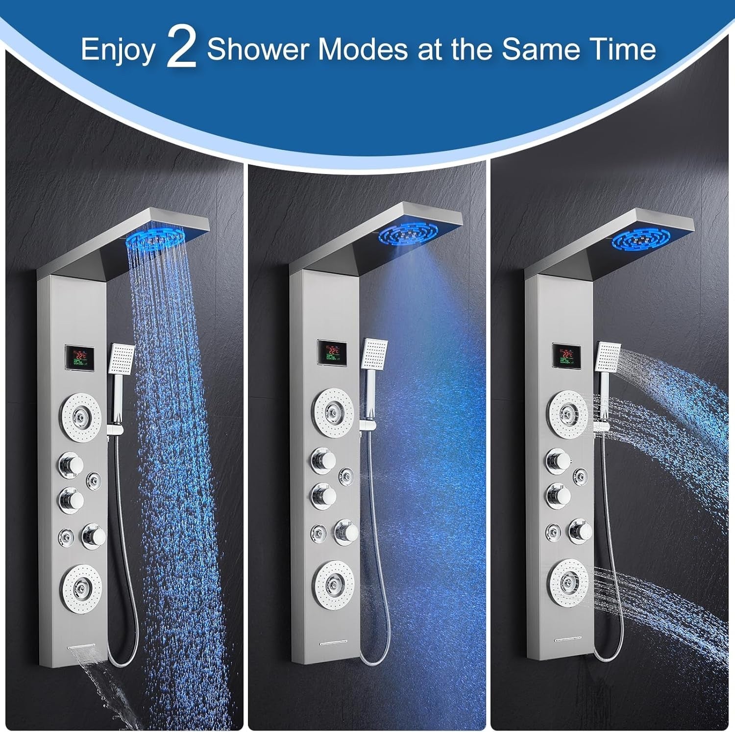 Shower Panel Tower 6 Function LED Display Rain Mist Jets Handset Mixer Brushed