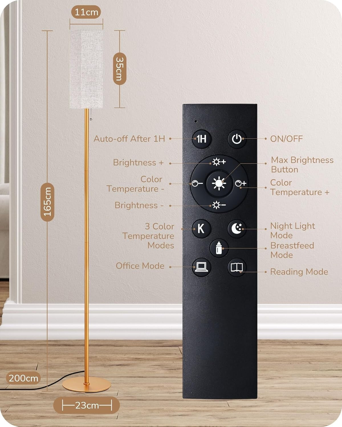 EDISHINE Floor Lamp Standing Lamp with Square Linen Lampshade Gold