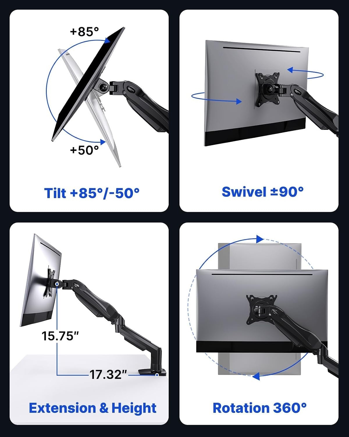 Monitor Stand Arm Desk Mount 13-32in Single Rotatable VESA Gas Spring Black