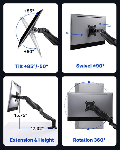 Monitor Stand Arm Desk Mount 13-32in Single Rotatable VESA Gas Spring Black