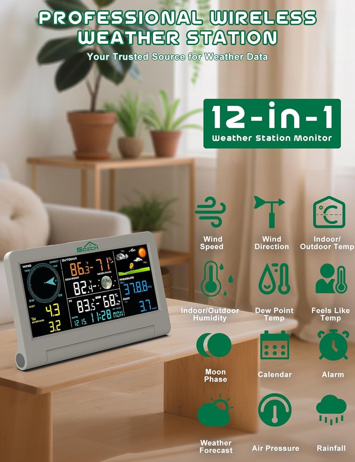Wireless Weather Station 7-in-1 Outdoor Sensor Rain Gauge Wind Forecast Display