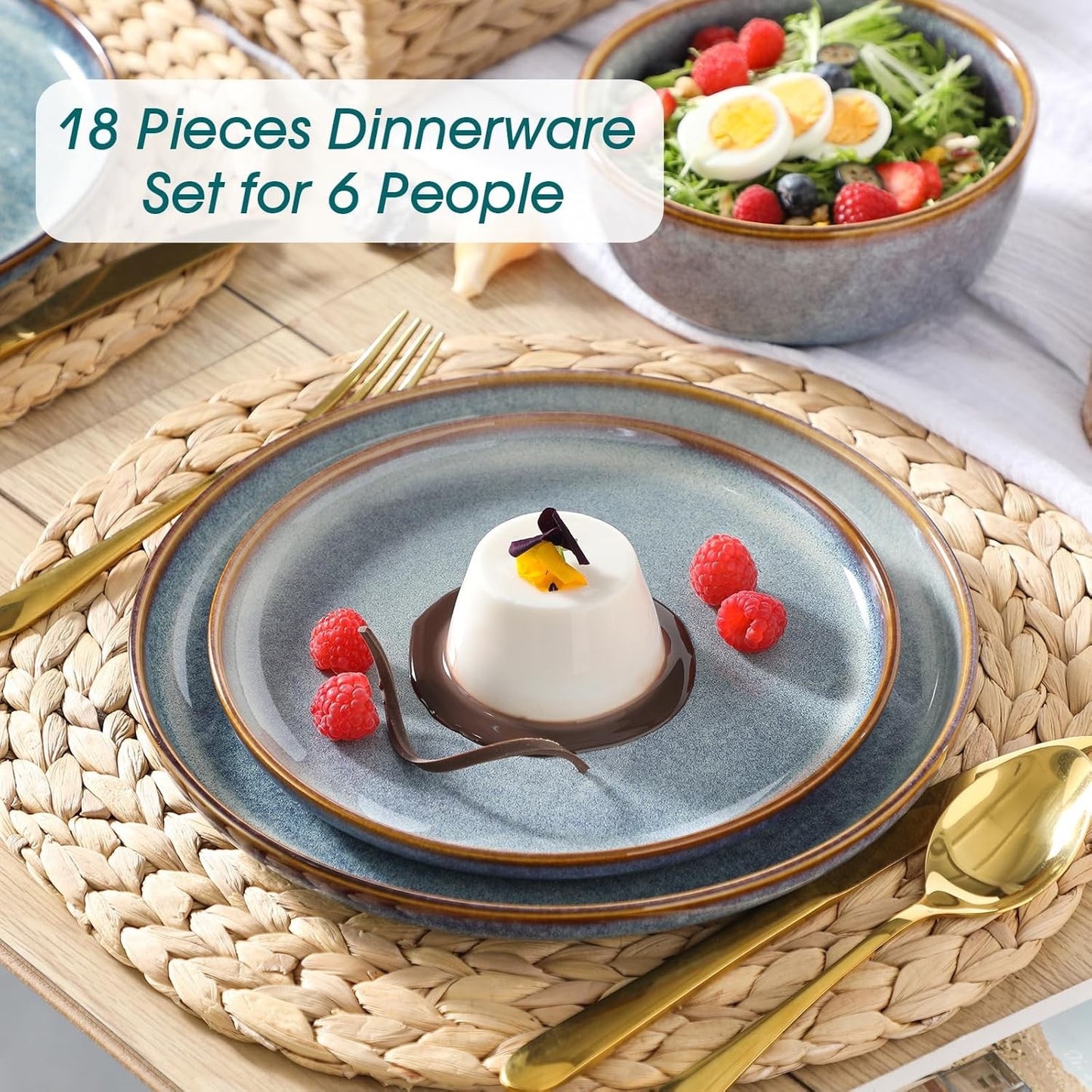 Dinner Plates Bowls Set 18 Piece Stoneware Service For 6 Lavender Blue Crockery