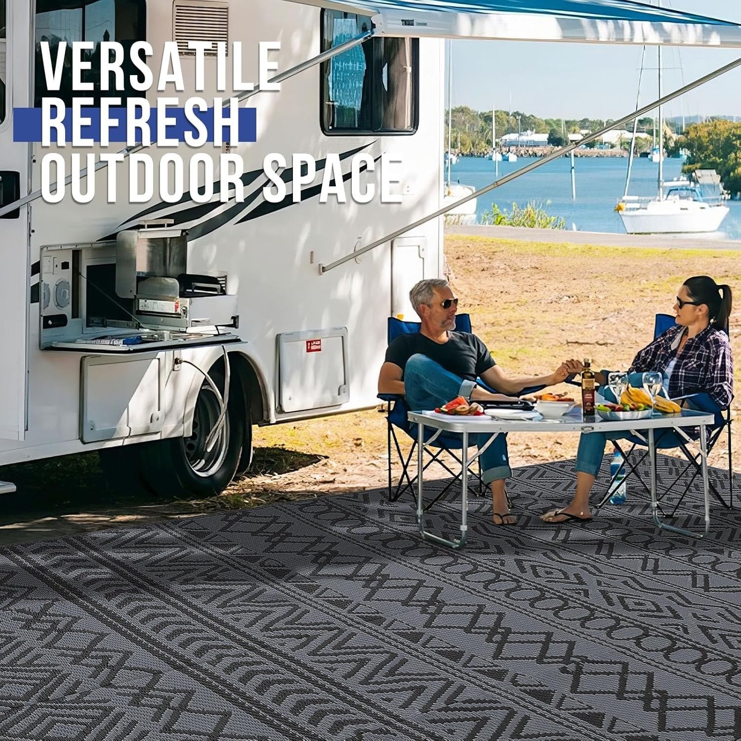 Outdoor Patio Garden Rug 270x360cm Waterproof Reversible Black Grey Camping Mat
