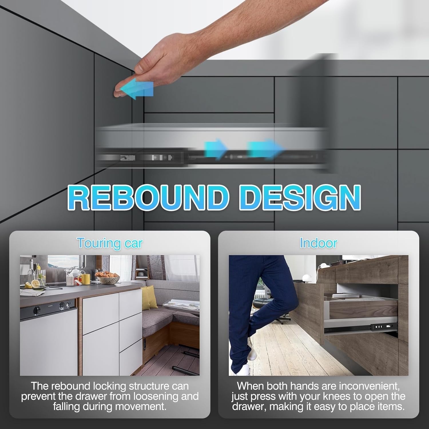 SHUHANG Push to Open Drawer Runners 550mm Full Extension 45kg Ball Bearing Pair