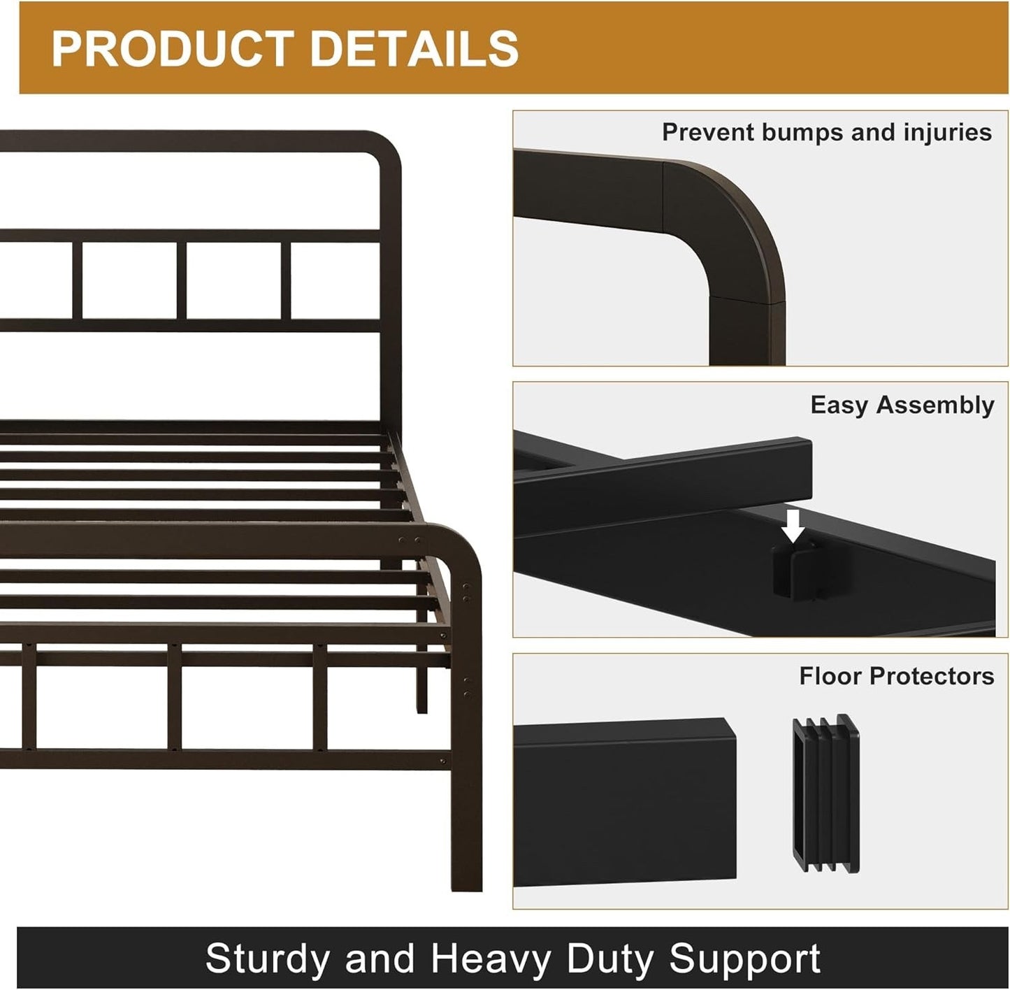 Single Bed Frame Metal 3ft 90x190cm Headboard Footboard Slats 36cm Height Black