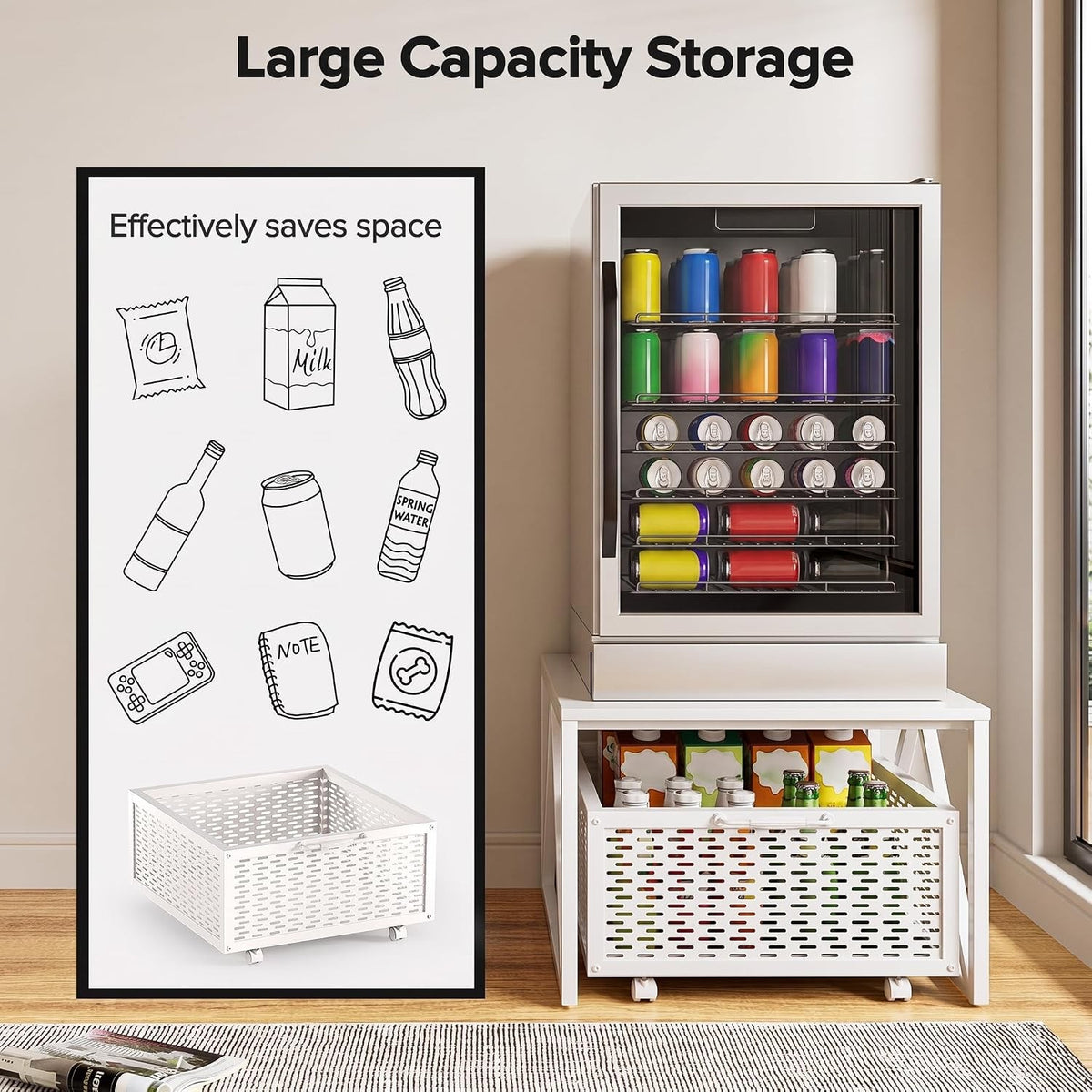 Mini Fridge Stand Storage Cart 220LB Mobile Wheels Drawer Basket White 53x53cm
