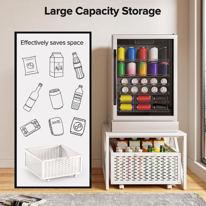 Mini Fridge Stand Storage Cart 220LB Mobile Wheels Drawer Basket White 53x53cm