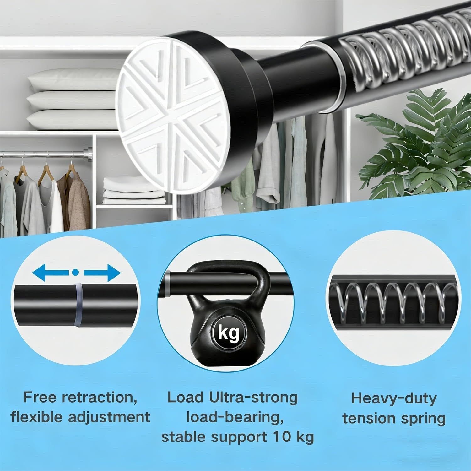 Shower Curtain Pole No Drill Tension Rod 190-410cm White 32mm Bathroom Heavy