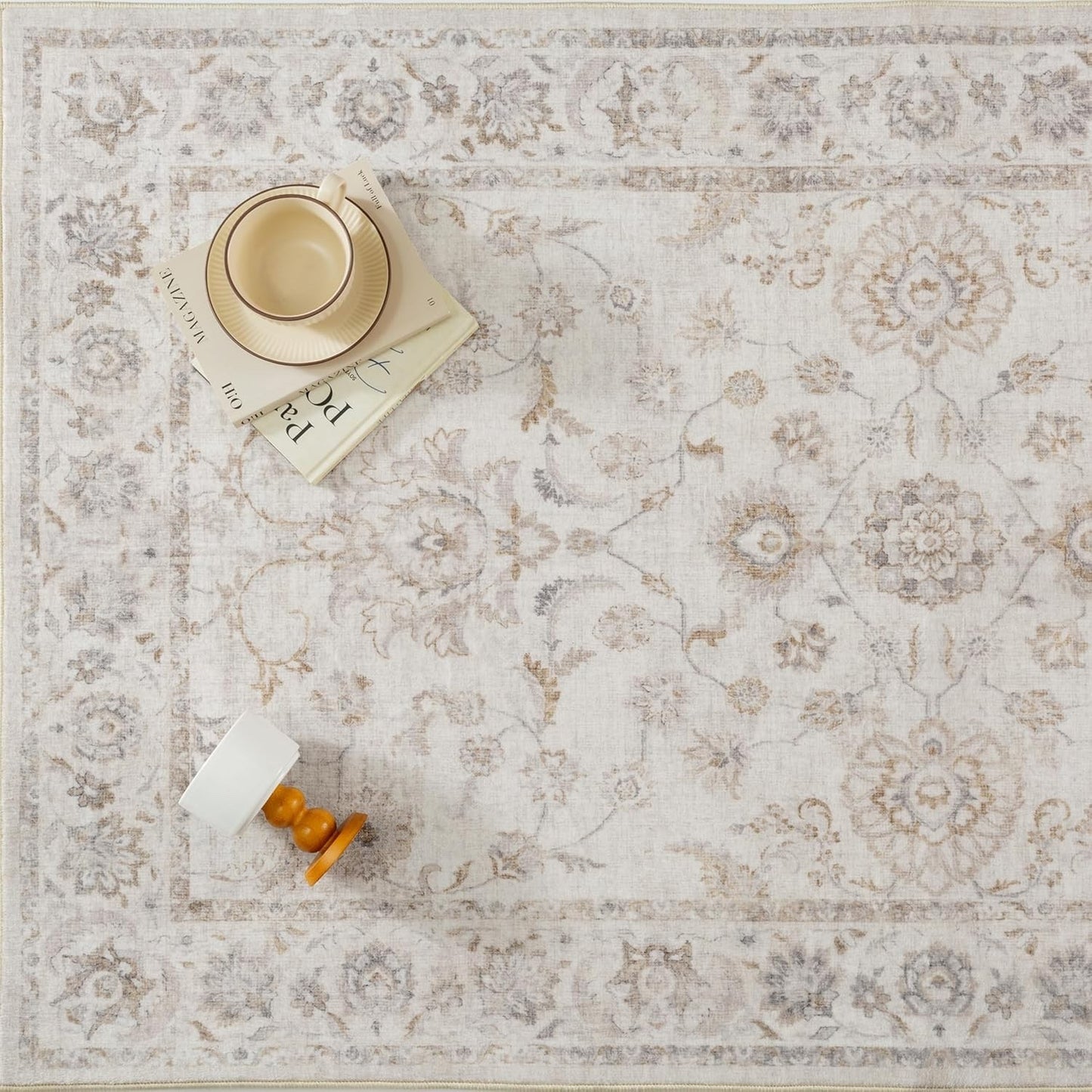 Large Area Rug Carpet 240x300cm Beige Vintage Washable Non Slip Low Pile Soft