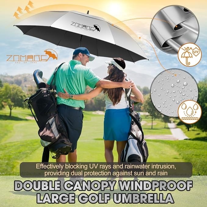 Golf Umbrella Windproof UV 62in XXL Silver Black Double Canopy Auto Open Sun