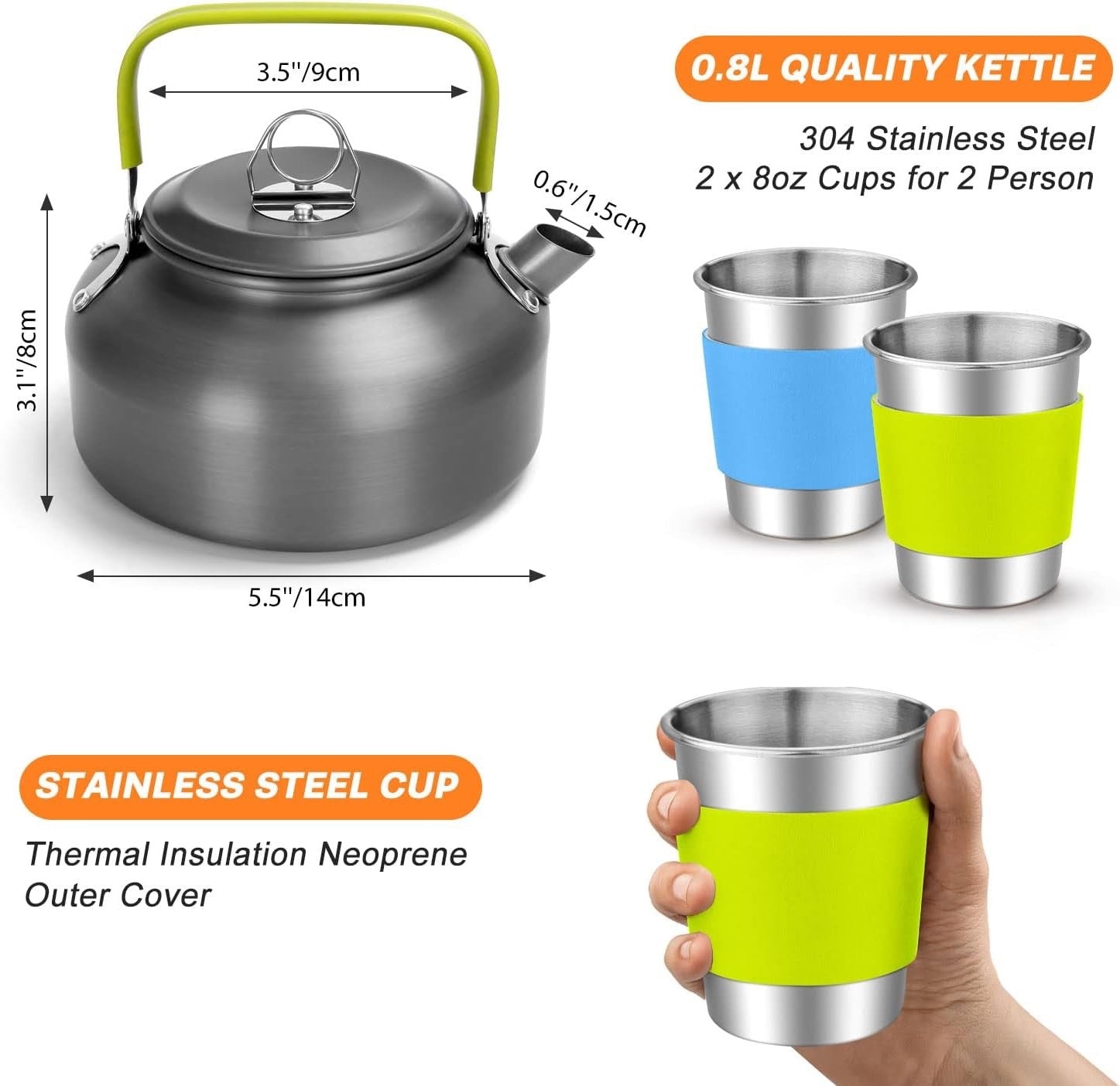 Odoland 16pcs Camping Cookware Set Portable Non Stick Pot Pan Kettle Stove