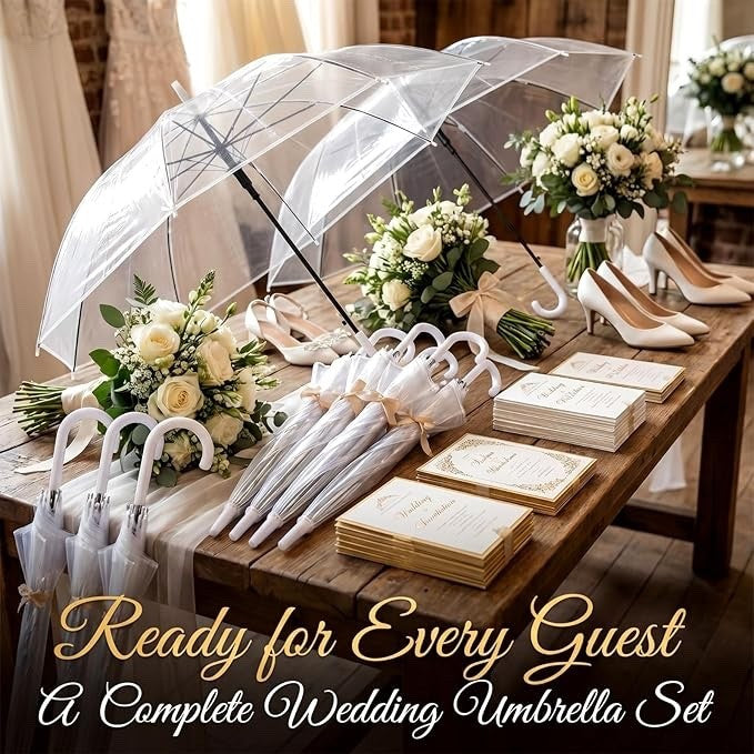 50 Pack Clear Umbrellas Wedding Transparent Dome White Handle Semi Automatic