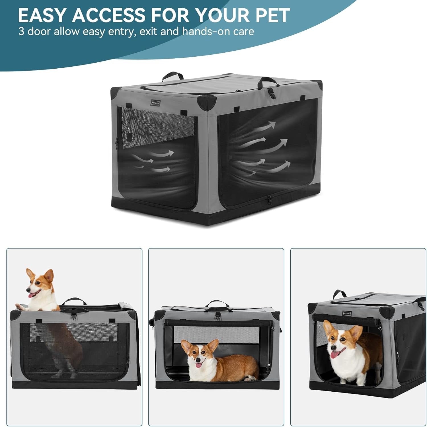 Dog Crate Foldable Travel Pet Cage Medium Soft 76x50x49cm 3 Door Grey Fabric