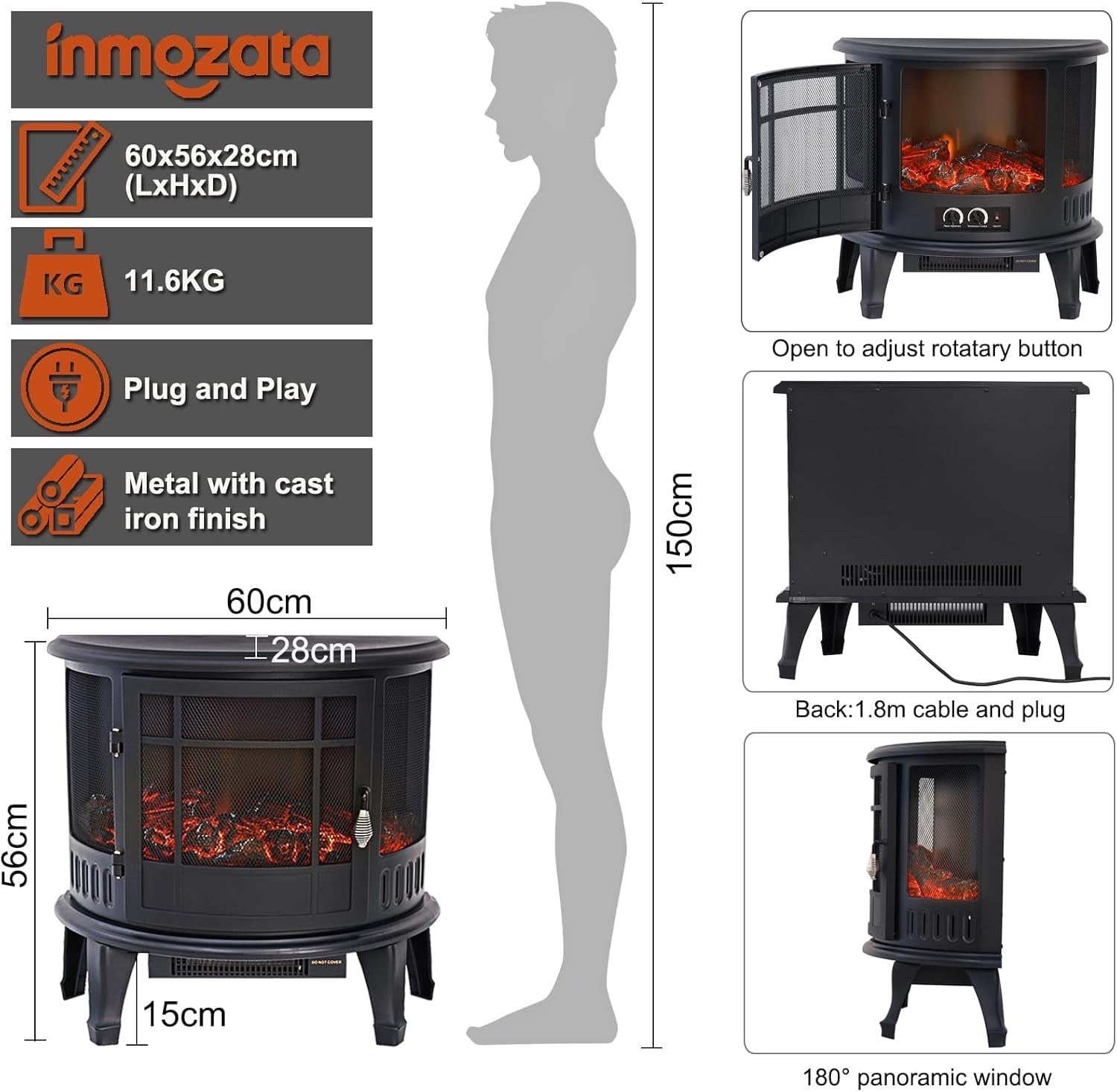 INMOZATA Electric Stove Heater 1800W with LED Log Flame Effect & Thermostat