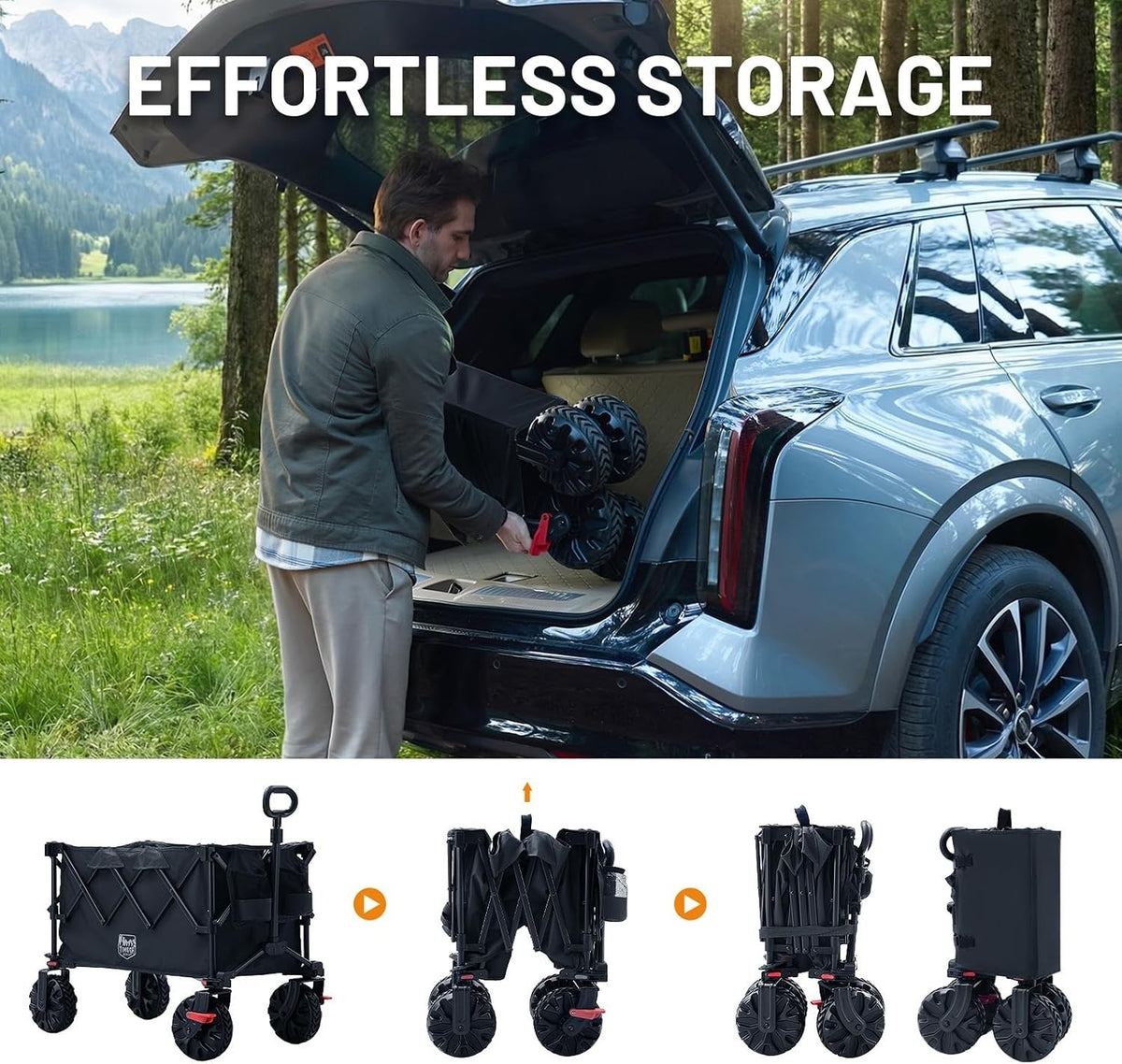 Folding Camping Trolley Cart 250L 150kg Heavy Duty 4 Wheel All Terrain Brakes