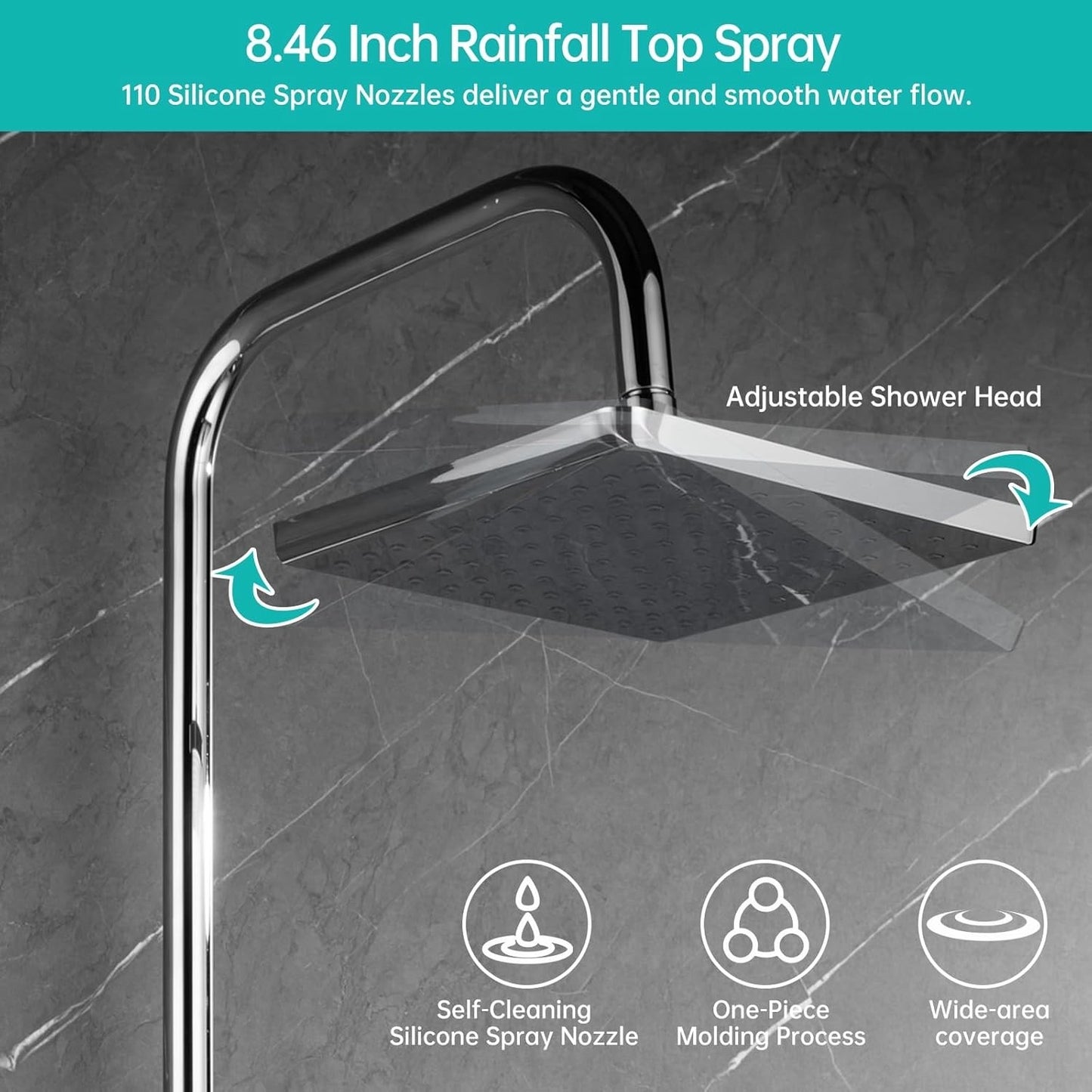 Shower Riser Rail Kit 8in Rainfall Head Handheld Chrome Adjustable Bathroom Set