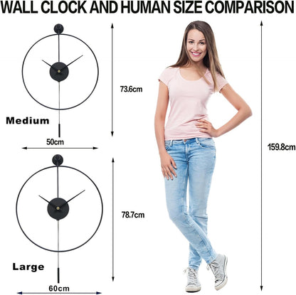 Large Decorative Wall Clock 60cm 24in Metal Silent Non Ticking Pendulum Black