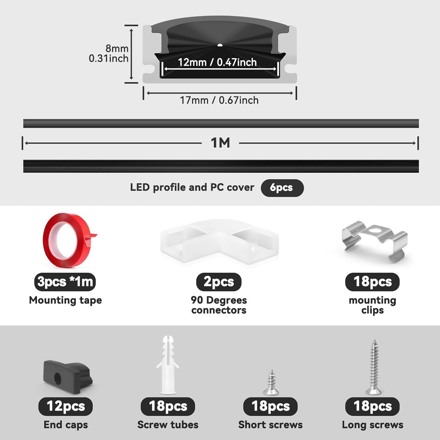 6x1m LED Aluminum Channel U Shape Diffuser Strip Cover Mount Clips Kit