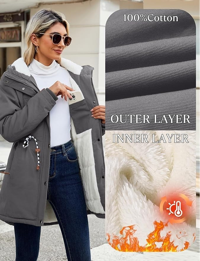Womens Winter Parka Jacket Fleece Lined Hooded Thermal Coat Grey XXL