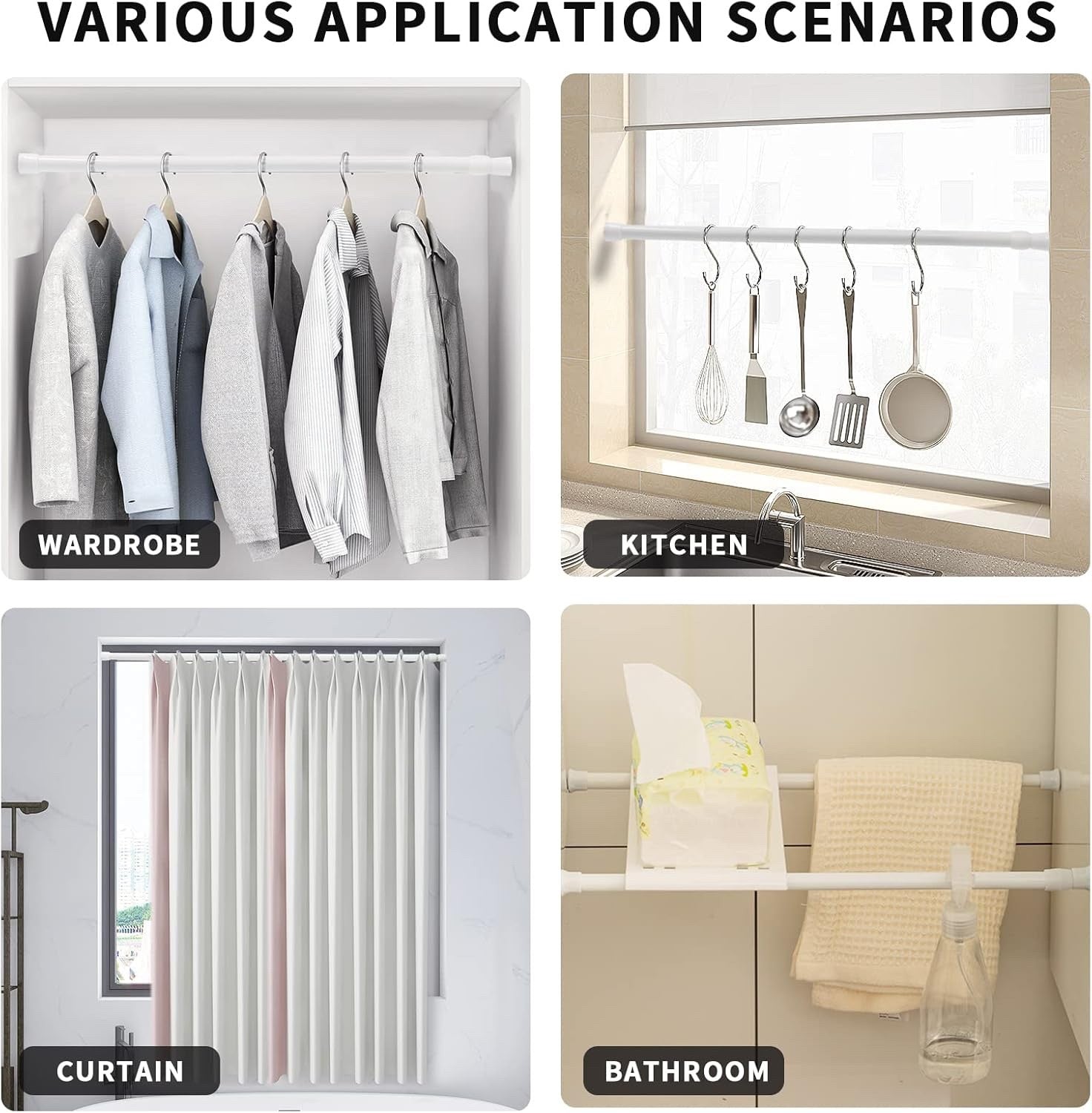 2 Pack 135-250cm Tension Curtain Rods Extendable No Drill Window Pole White