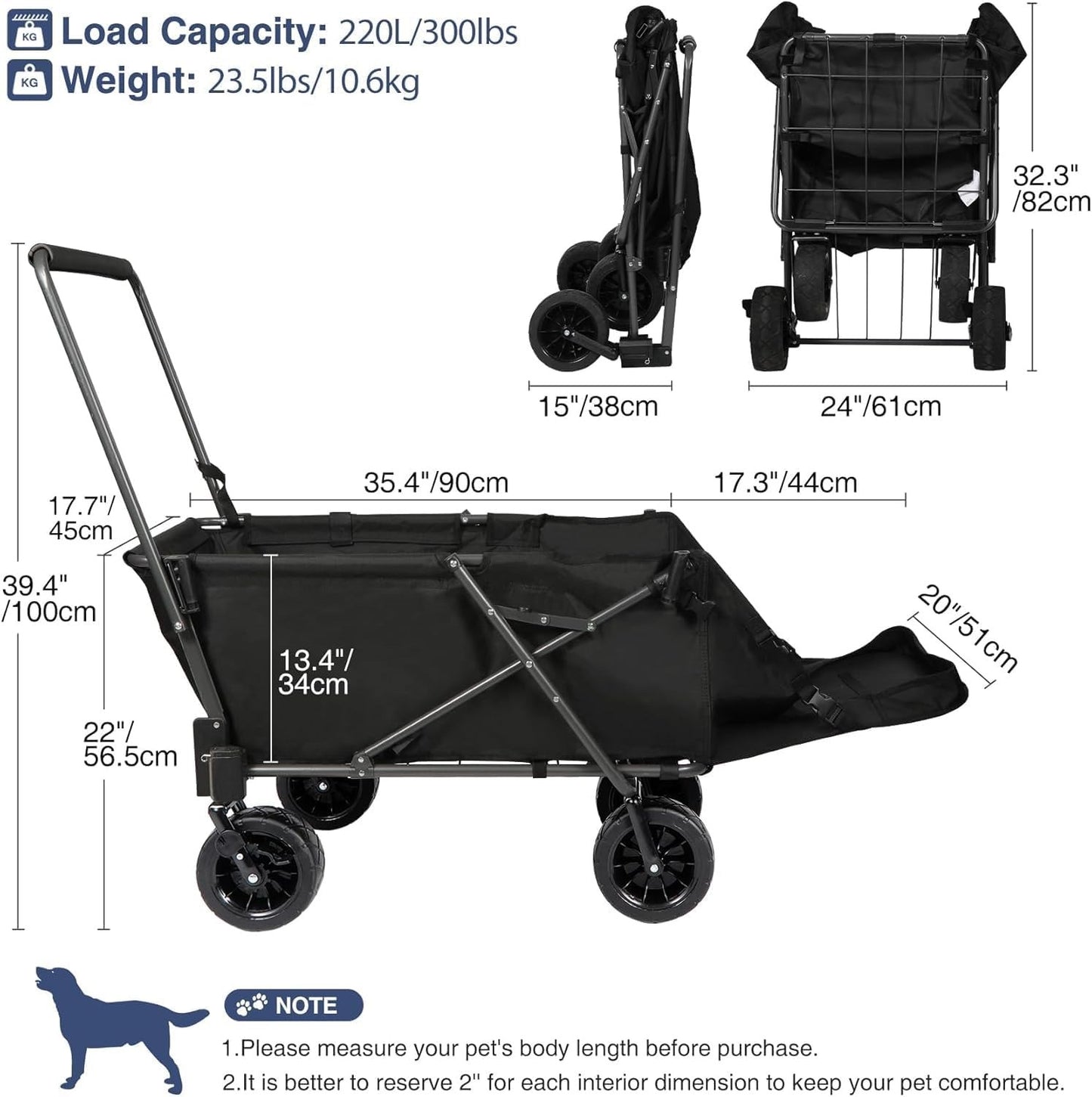 Dog Wagon Trolley Cart Folding 134L Heavy Duty Extendable Rear 70kg Black Pet