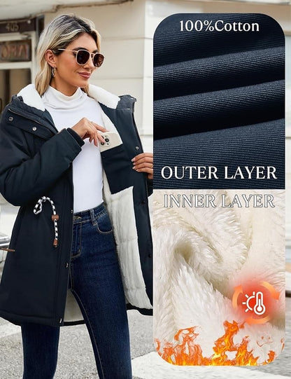 Womens Winter Parka Jacket Fleece Lined Hooded Thermal Coat Navy L