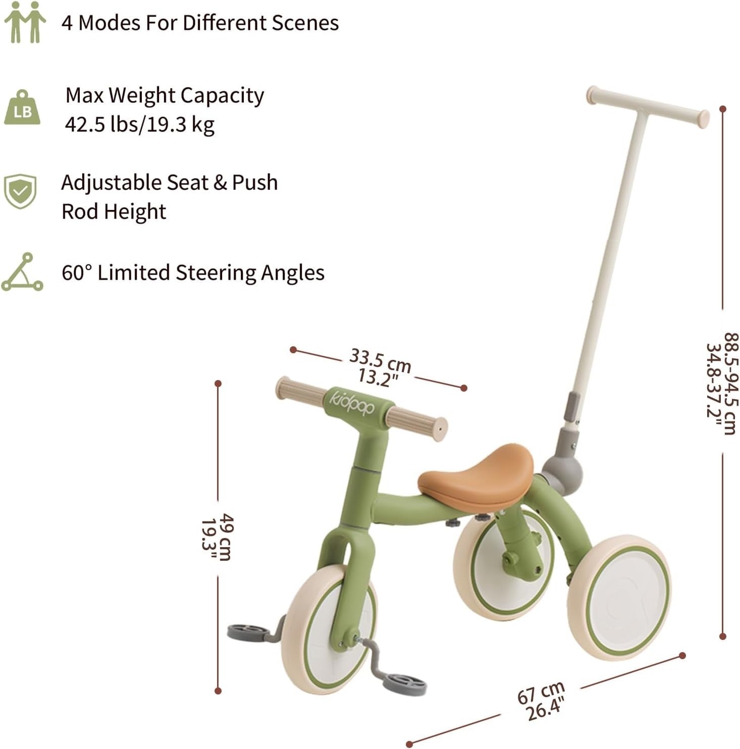 Kids Tricycle Stroller Balance Bike 3in1 Pedal Ride On Toddler Green 1-4yrs