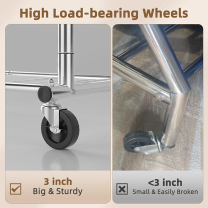 Clothes Rail Garment Rack Heavy Duty Metal Silver with Wheels 3 Storage Shelves