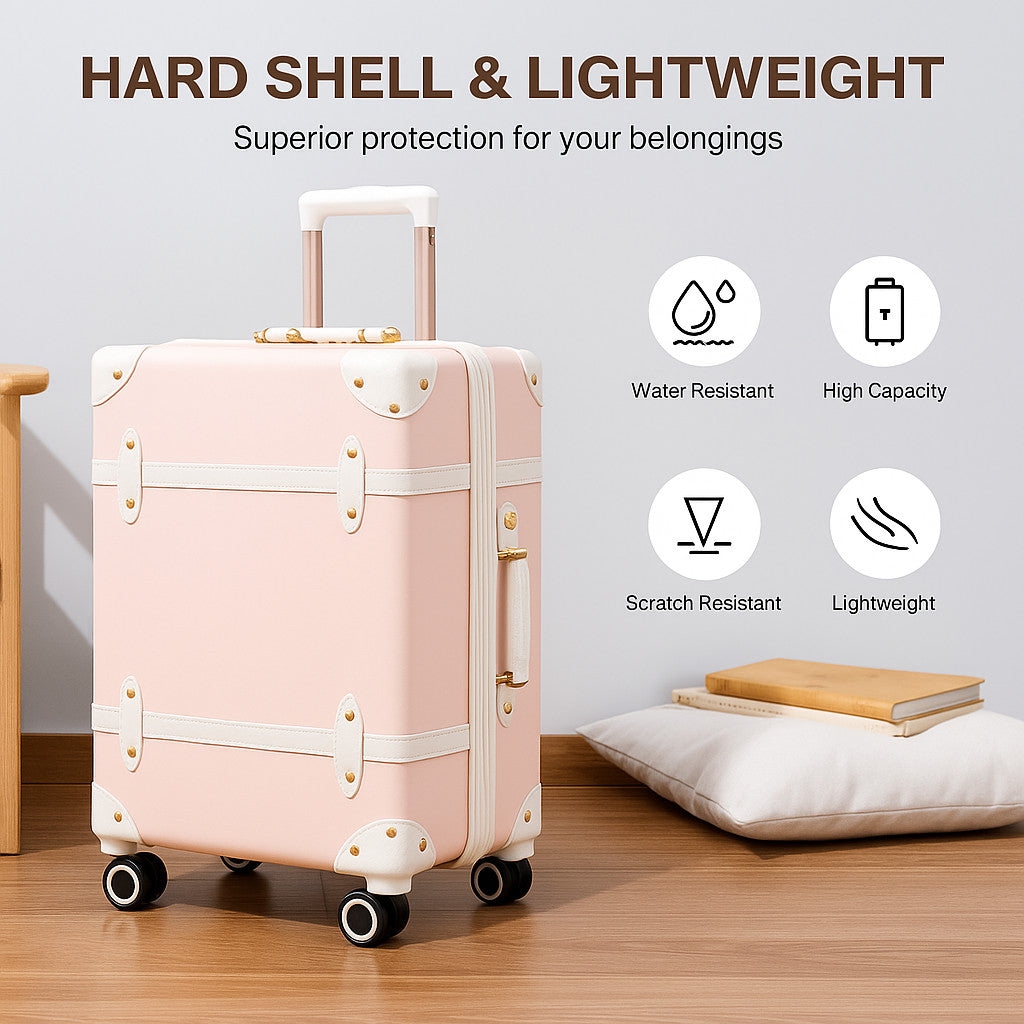 Urecity Vintage Leather-Trimmed Zipper Luggage 4 pcs 14" 20" 24" 28" Pink Roller