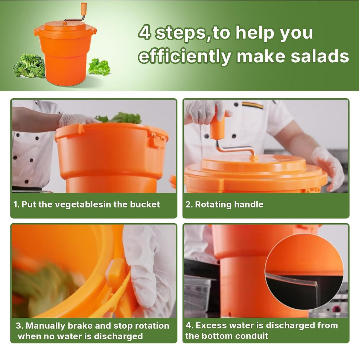 Commercial Salad Spinner Dryer 20L 5 Gal Manual Lettuce Vegetable Drainer Orange