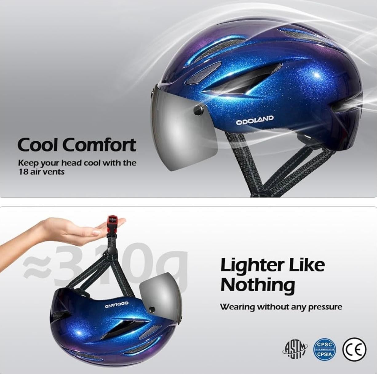 Odoland Adult Bike Helmet 57–61cm Magnetic Goggles Detachable Visor Cycling Blue