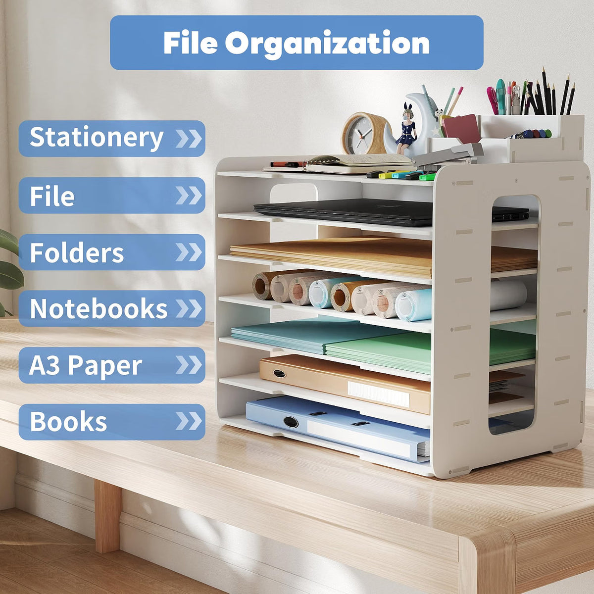 A3 Paper Organizer Desktop Storage 7 Compartment Document Sorter White PVC Rack
