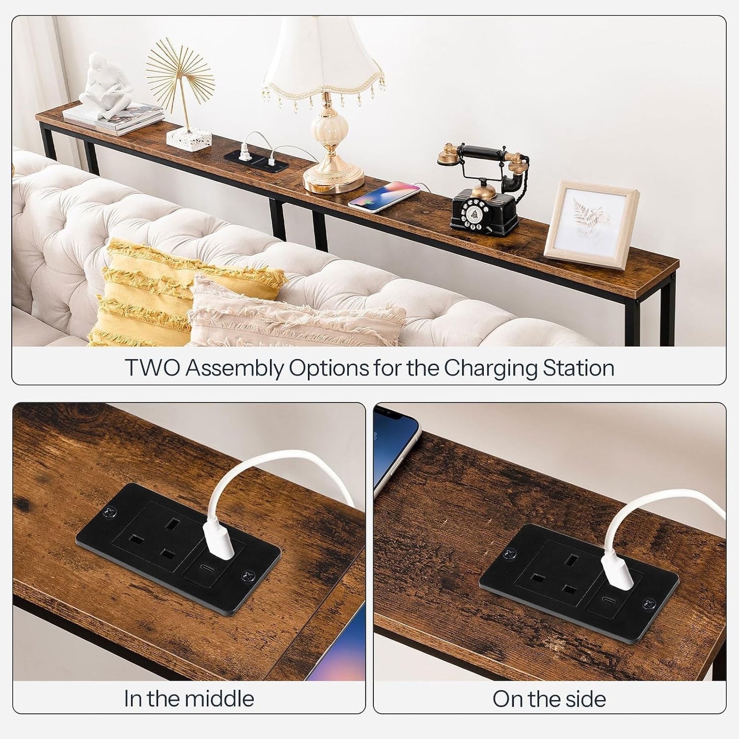 Console Table Charging Station 160cm Slim USB Type-C Sofa Hallway Rustic Brown
