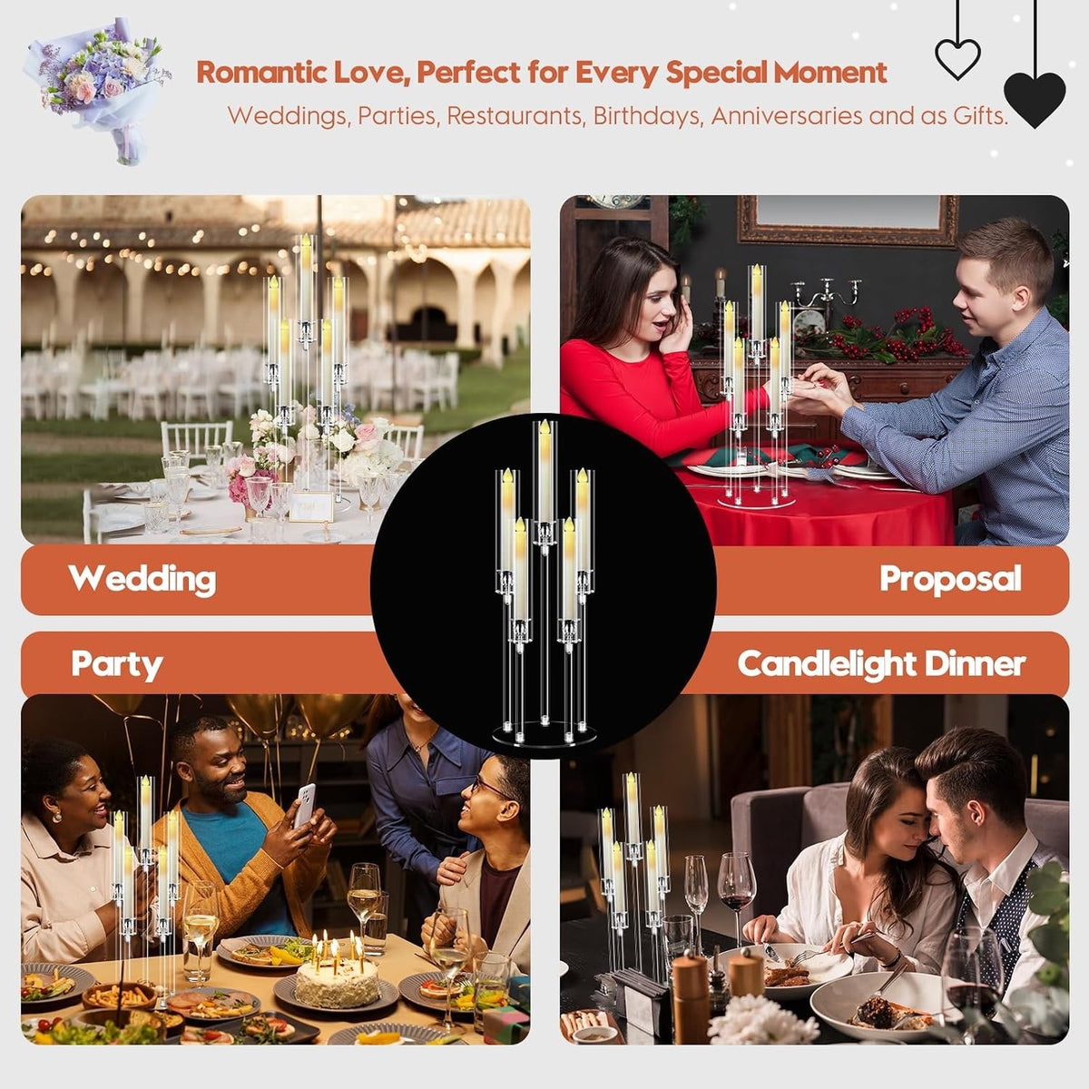 Candelabra Candle Holders 6 Sets 5 Arm Clear Acrylic 68cm Wedding LED Candles
