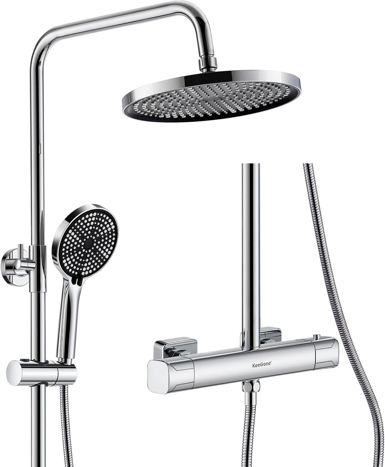 Thermostatic Shower Mixer Set 25cm Rainfall Head 3 Mode Handset Chrome Adjustabl
