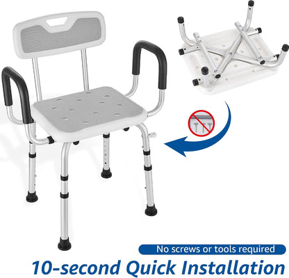 Shower Chair Shower Seat Padded Arms Back Extra Wide 330lb 6 Height Grey NonSlip