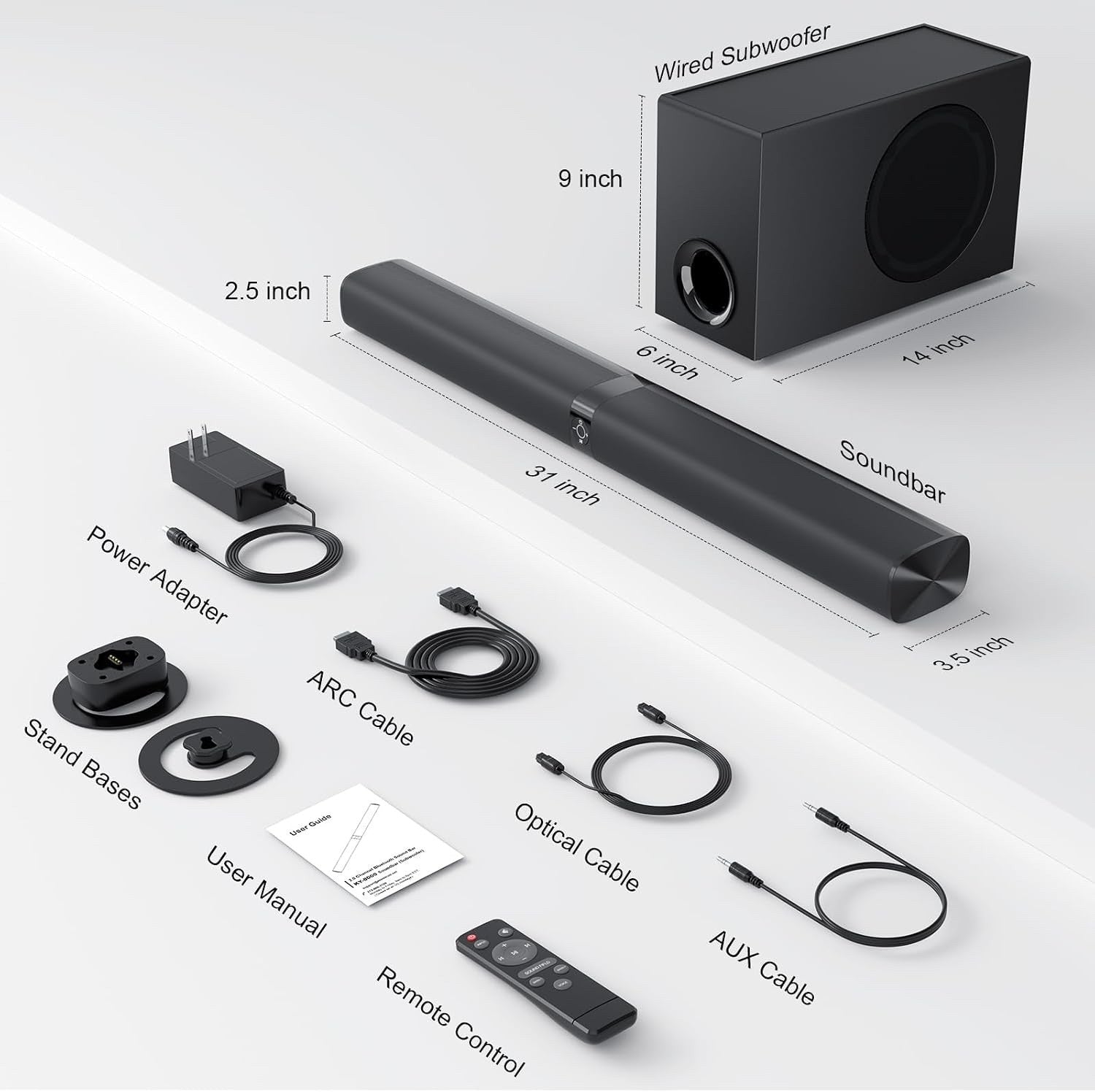 TV Soundbar Subwoofer Speaker 110W Bluetooth 5.3 Detachable 2.0CH ARC Optical