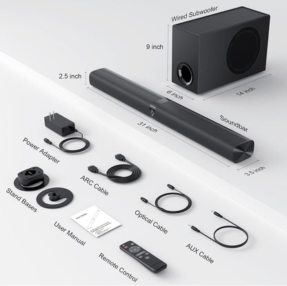 TV Soundbar Subwoofer Speaker 110W Bluetooth 5.3 Detachable 2.0CH ARC Optical