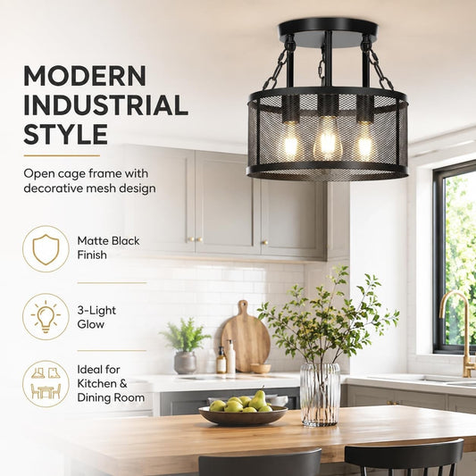 Industrial Ceiling Light Fixture Black 3 Light Metal Mesh Cage E27 LED Bulbs