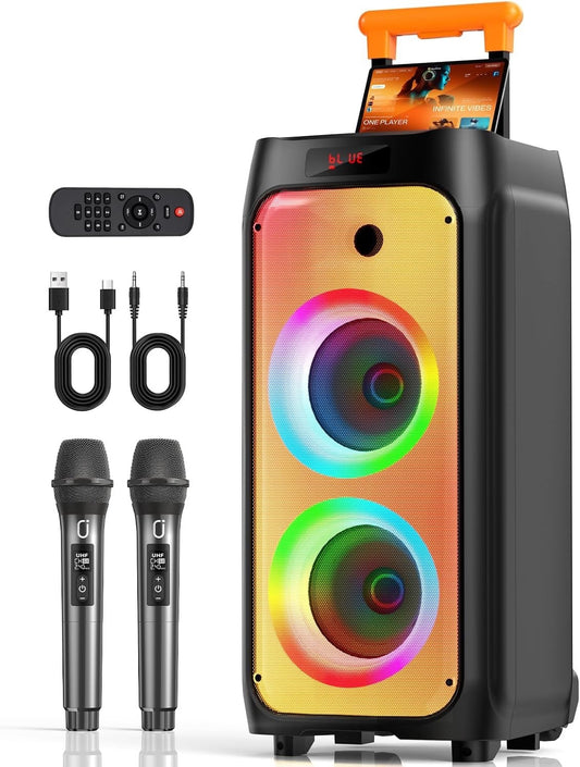 Karaoke Speaker Machine 500W Dual 8 Subwoofers 2 Wireless Mics Bluetooth Trolley