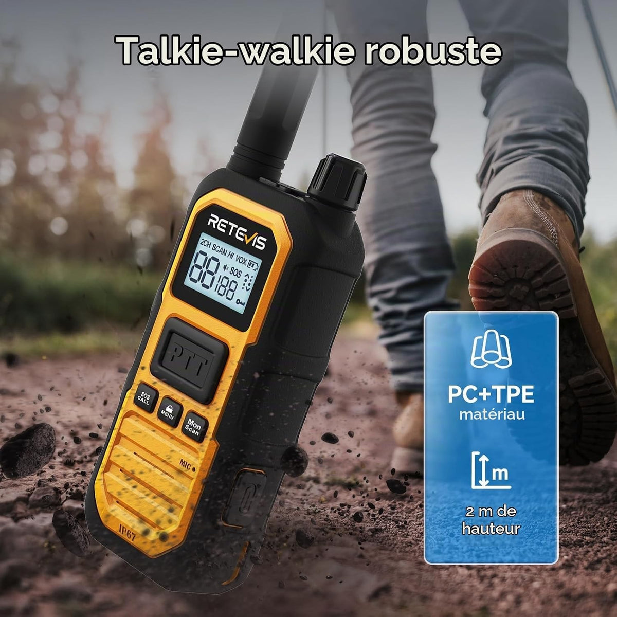Walkie Talkie Two Way Radios Long Range IP67 Waterproof 2000mAh 4 Pack Yellow
