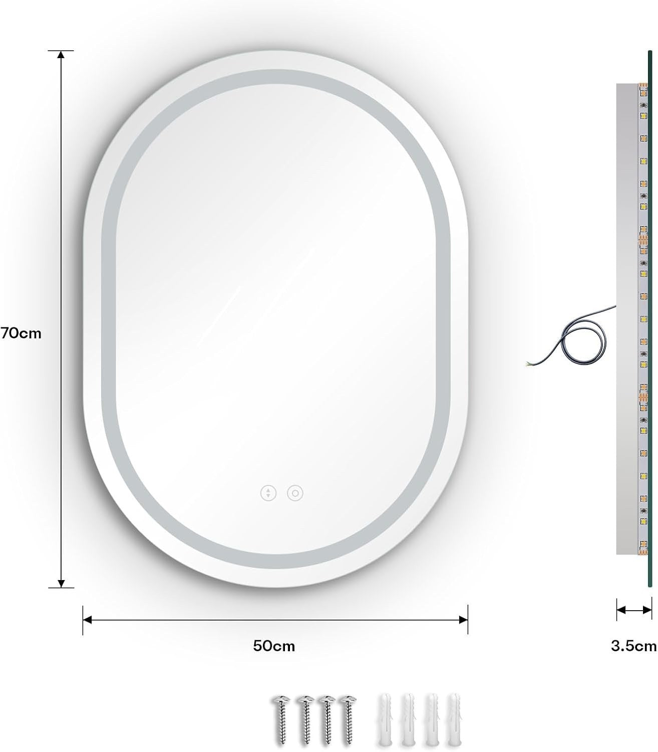 Oval LED Bathroom Mirror 50x70cm Dimmable 3 Colour Anti Fog Memory IP44 Backlit