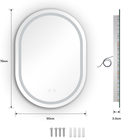 Oval LED Bathroom Mirror 50x70cm Dimmable 3 Colour Anti Fog Memory IP44 Backlit