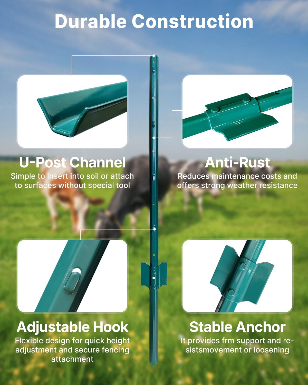 Garden Fence Posts Metal 5ft 152cm Pack 10 Heavy Duty U Posts Wire Fencing Green