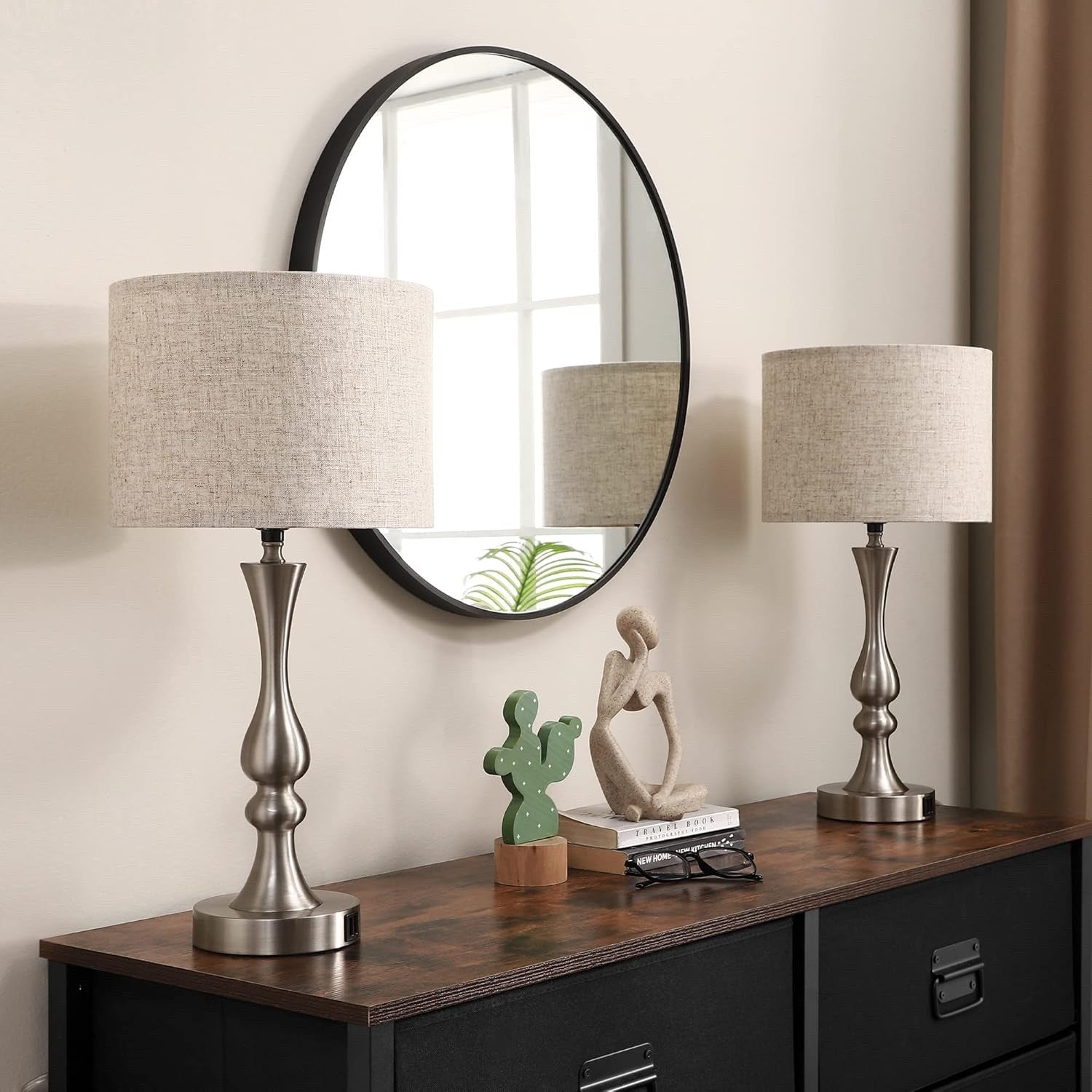 EDISHINE Bedside Lamps Set of 2 - 3 Way Dimmable Touch Lamp with USB Charging