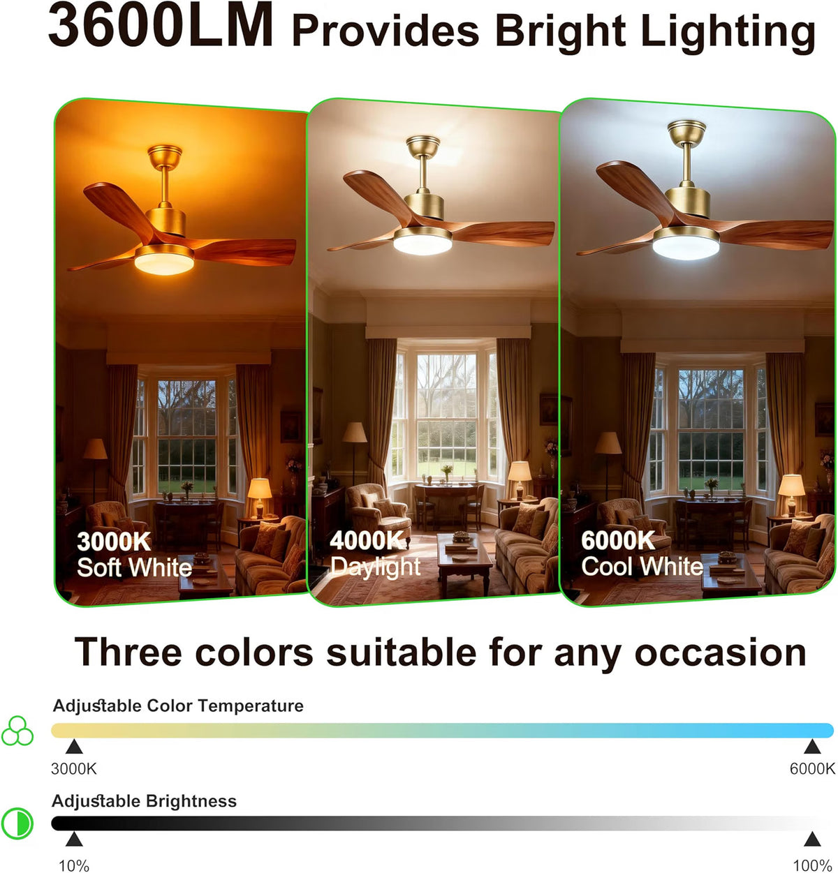 Ceiling Fan Light Smart 52in 3600LM Dimmable 3CCT Remote App 6 Speed Bronze