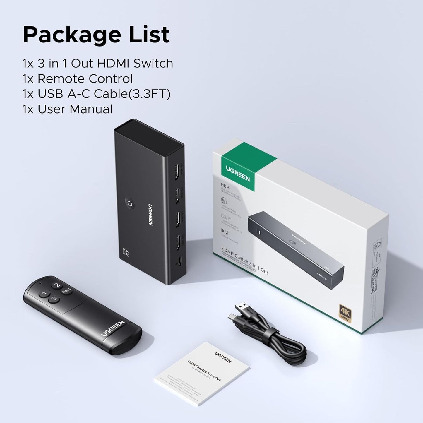 HDMI Switch 3 In 1 Out 4K 60Hz Remote Control HDR Dolby PS5 Xbox Selector Box